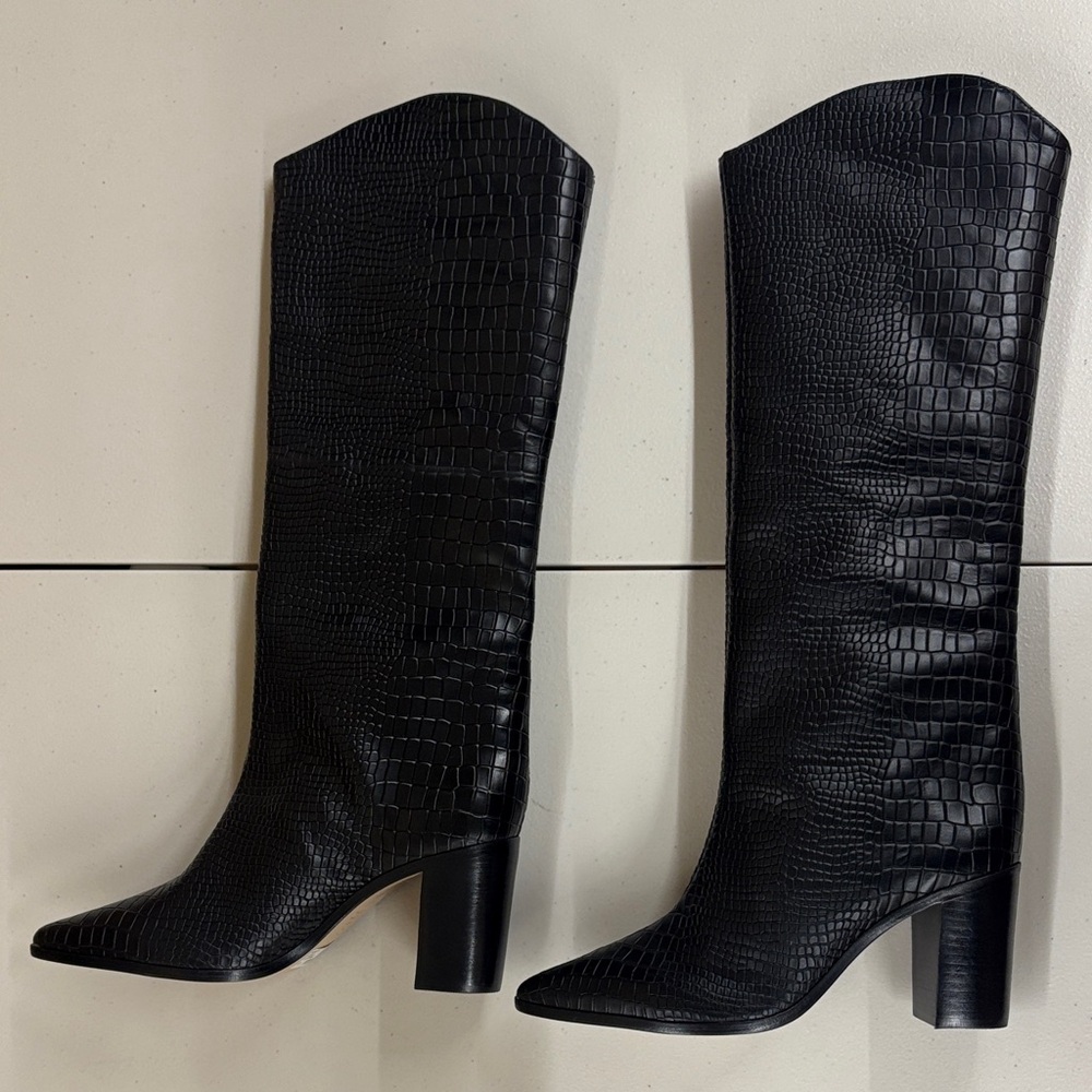 SCHUTZ Black Croc-Embossed Heeled Boots